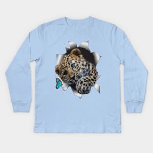 Leopard Cub and a Butterfly Kids Long Sleeve T-Shirt